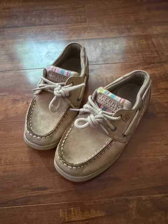 Sperry Kids Tan Boat Shoes with Pastel Stripe Accent - Picture 2 of 2
